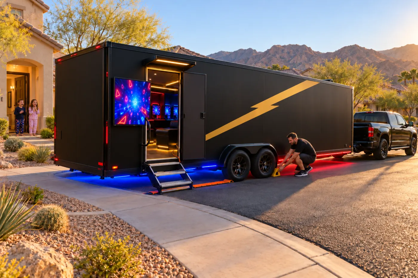 The RumbleRig trailer parked neatly along a suburban curb with its steps down