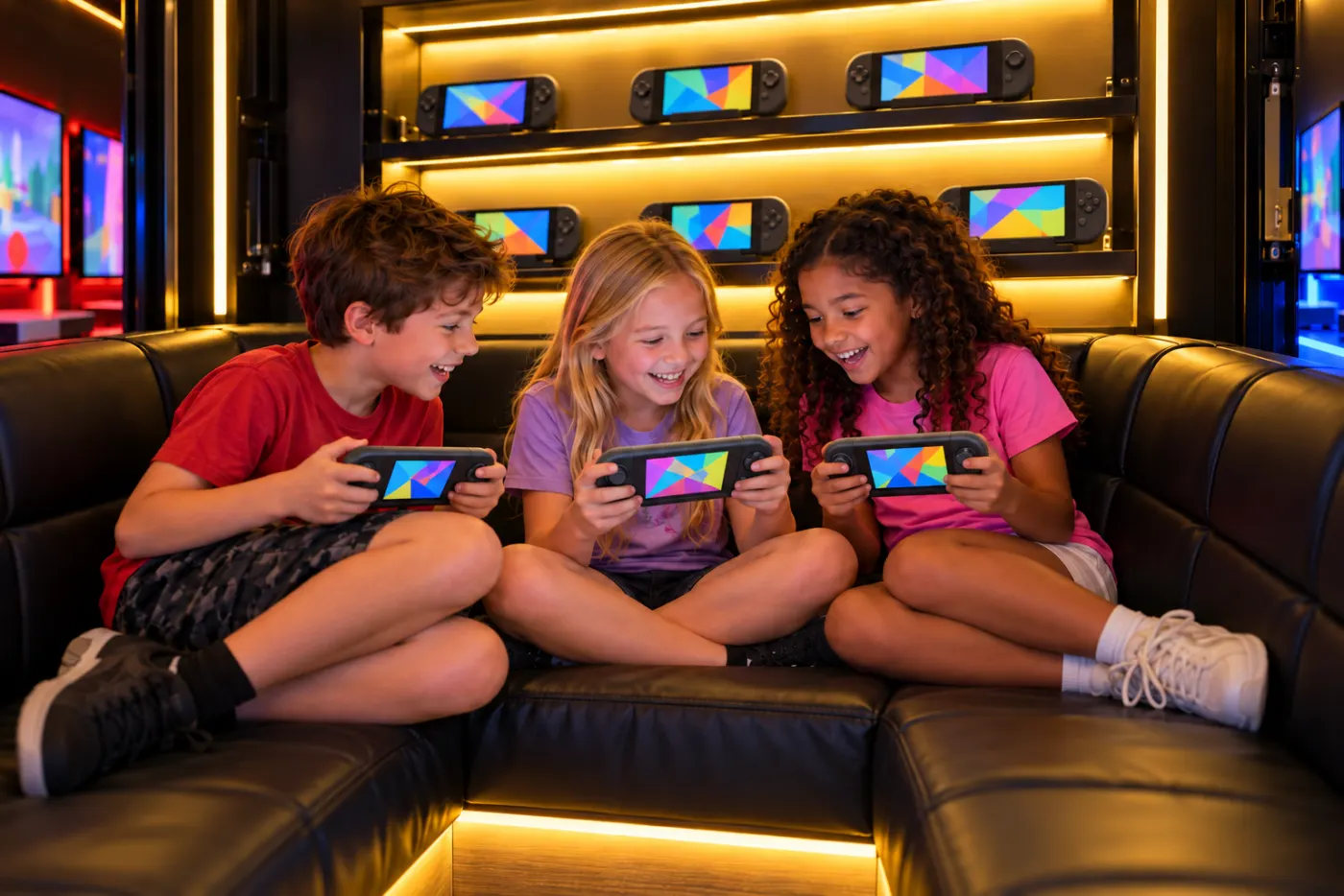 Kids sharing handheld gaming screens in the trailer's handheld lounge