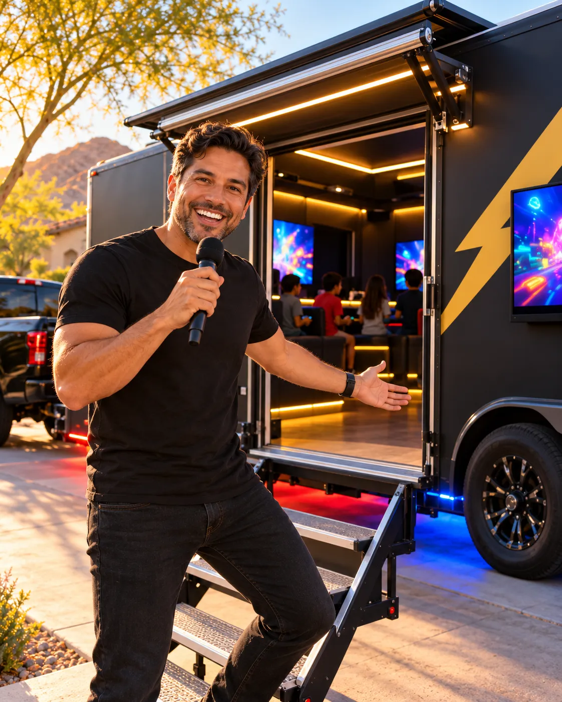 Smiling Rig Boss holding a microphone on the steps of the game trailer