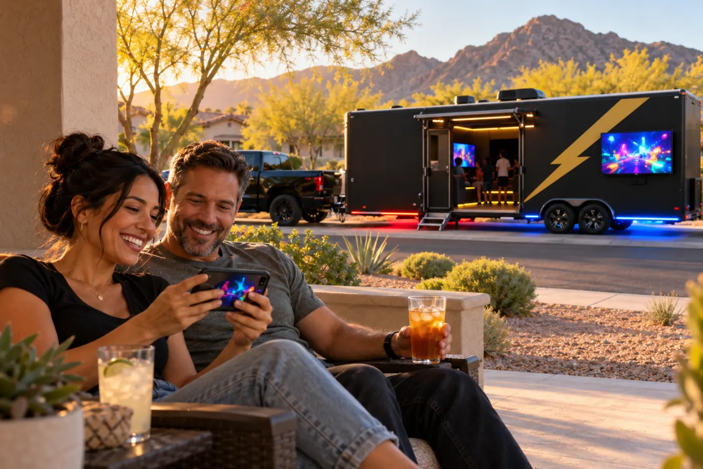 Parents on a shaded porch smiling at a highlight reel while the game trailer glows at the curb