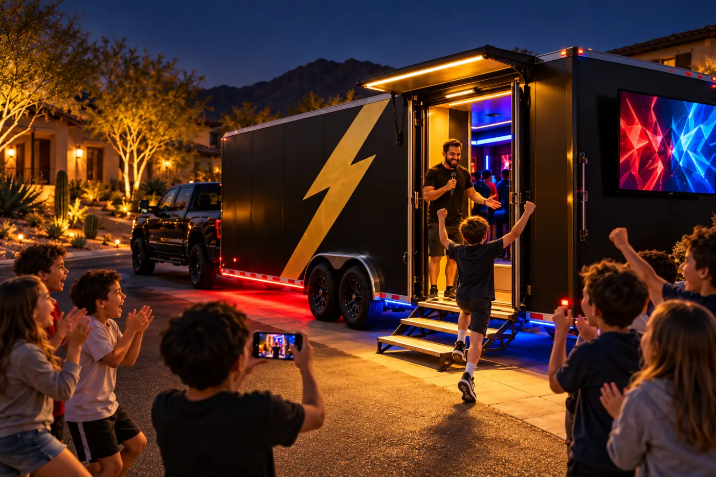 A child raising their arms on the steps of the glowing game trailer while friends cheer from the driveway